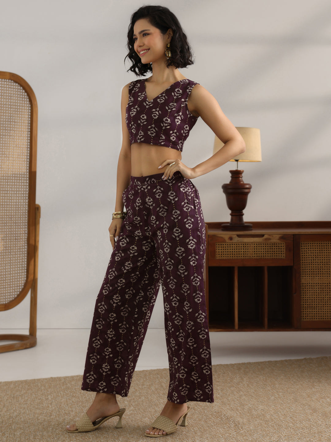  Burgundy  Printed Cotton 3 Piece Co-Ord Set 