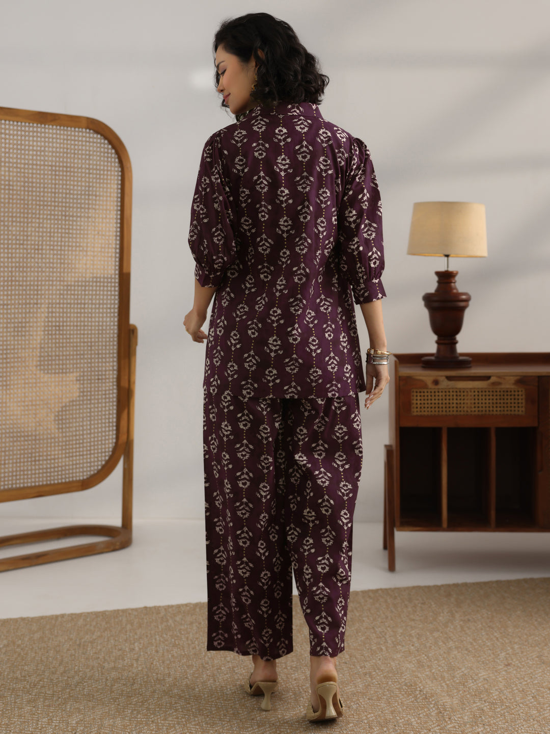  Burgundy  Printed Cotton 3 Piece Co-Ord Set 
