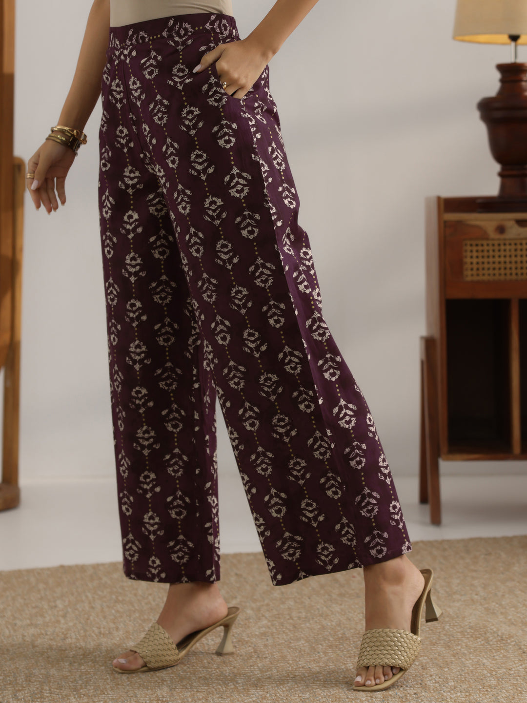  Burgundy  Printed Cotton 3 Piece Co-Ord Set 