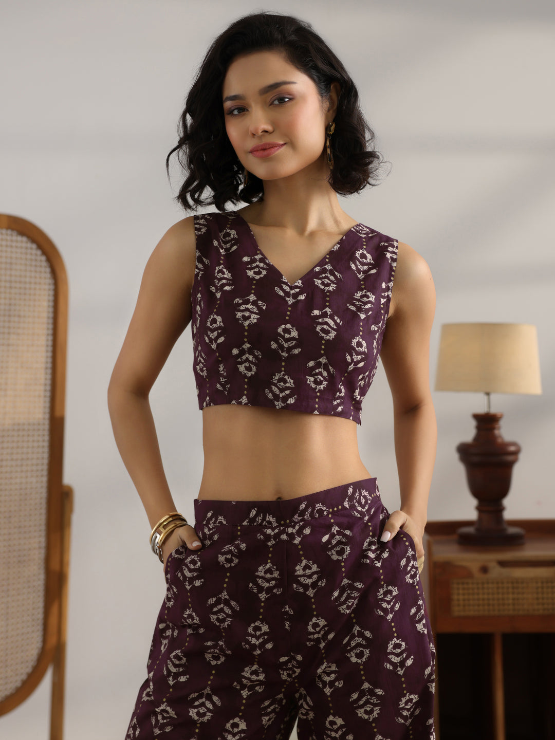  Burgundy  Printed Cotton 3 Piece Co-Ord Set 