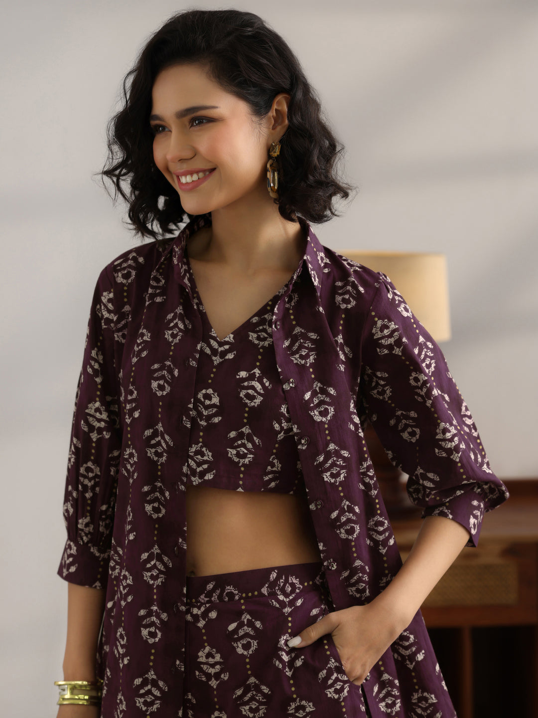  Burgundy  Printed Cotton 3 Piece Co-Ord Set 