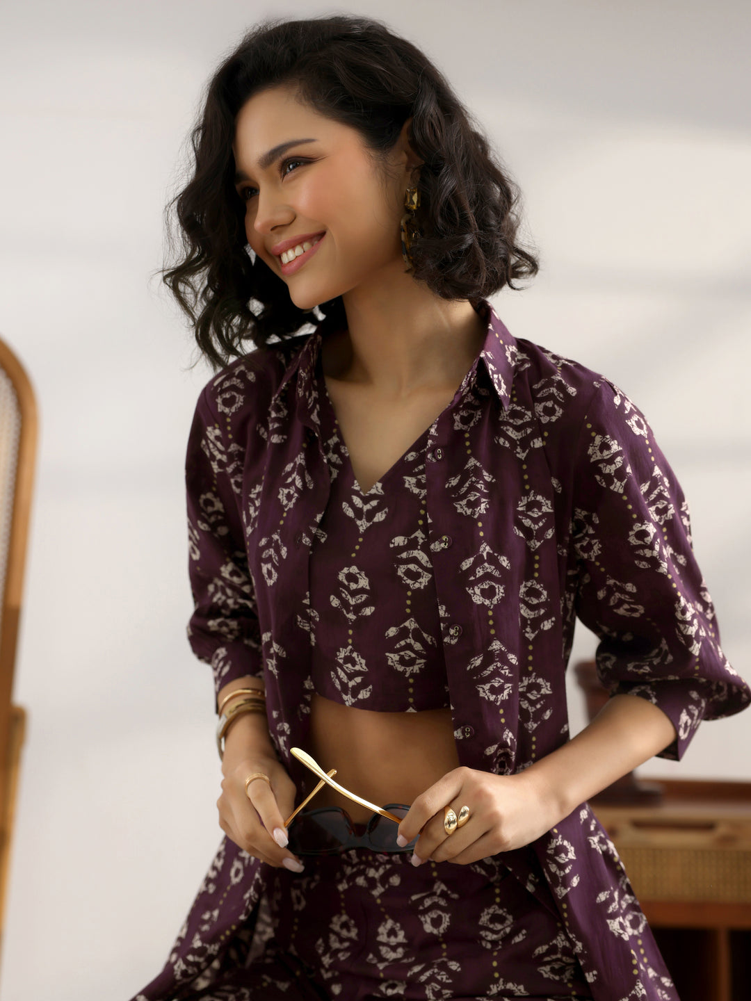  Burgundy  Printed Cotton 3 Piece Co-Ord Set 