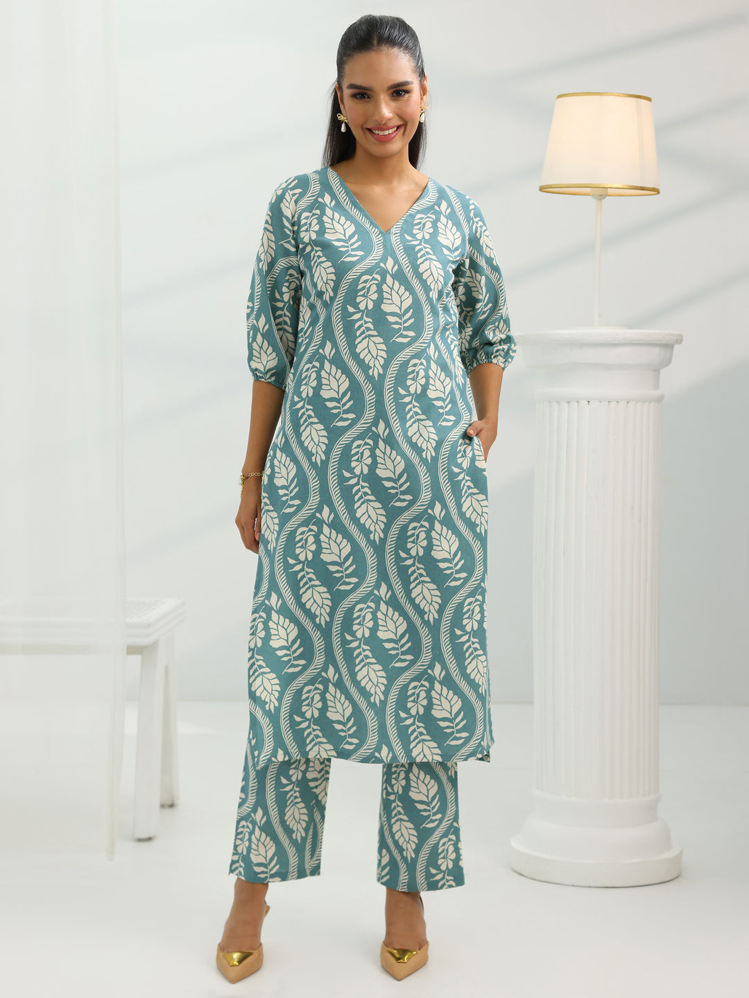  Blue Printed Cotton Straight Kurta Set 