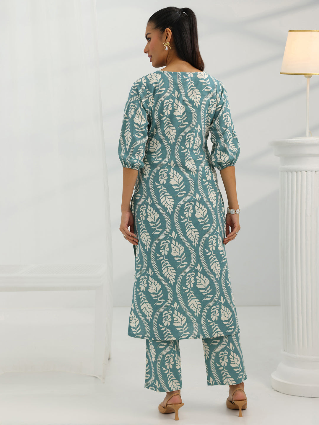  Blue Printed Cotton Straight Kurta Set 