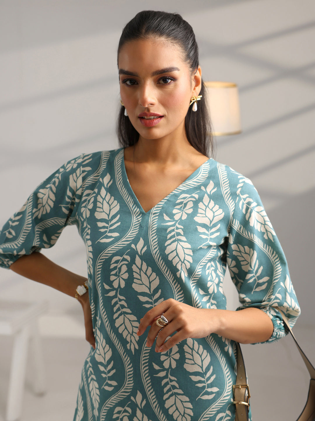  Blue Printed Cotton Straight Kurta Set 