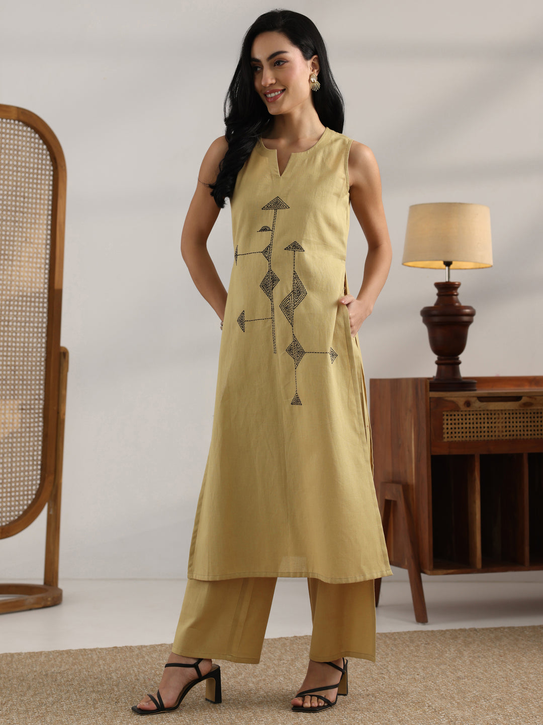  Beige Embroidered Cotton Straight Kurta Set 