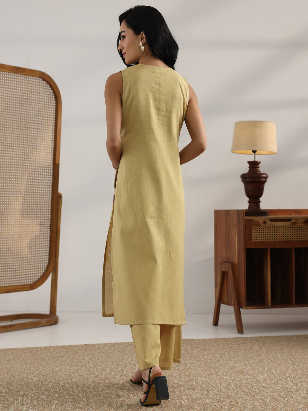  Beige Embroidered Cotton Straight Kurta Set 