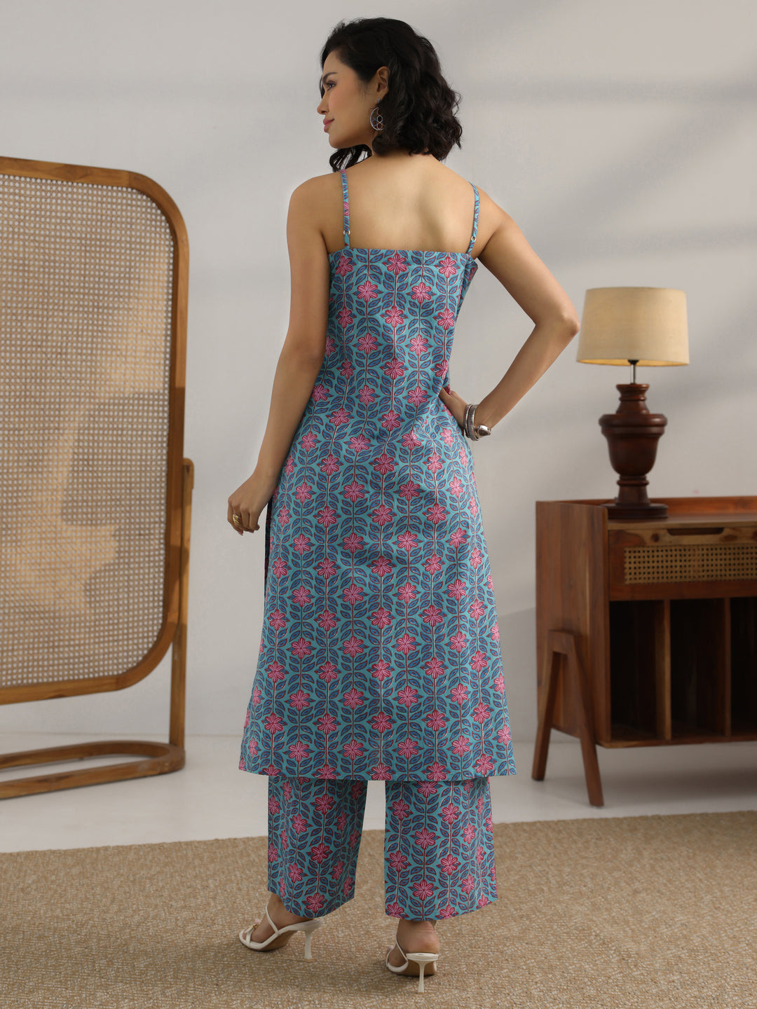  Blue Printed Cotton Straight Kurta Set 