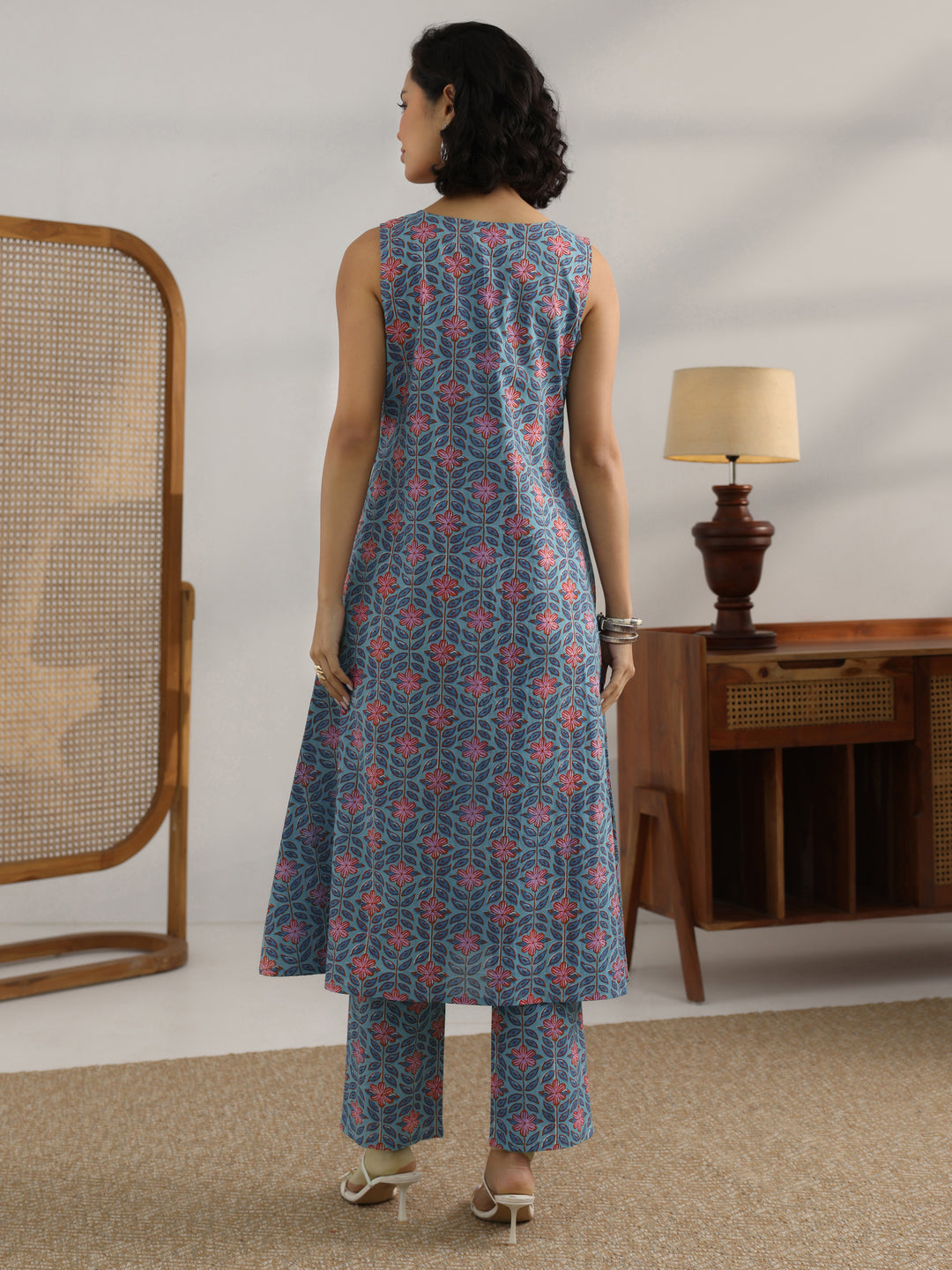  Blue Printed Cotton Straight Kurta Set 