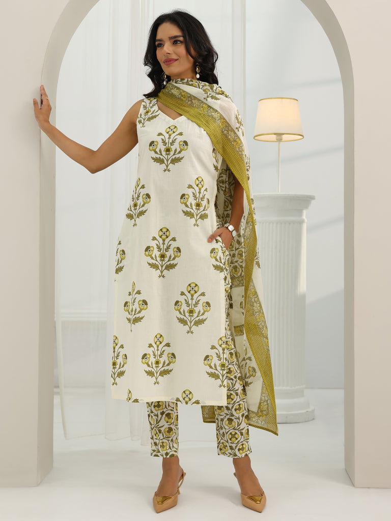 Gerua Off White Printed Cotton Blend Straight Suit Set With Dupatta