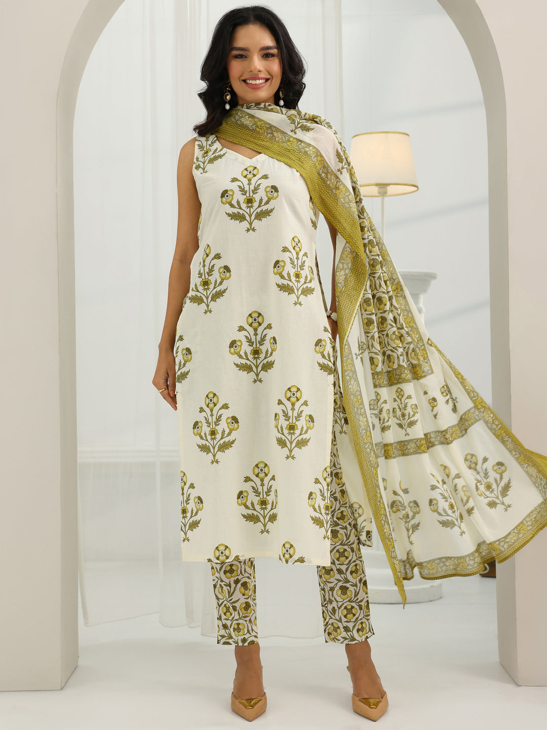  Off White Printed Cotton Straight Suit Set With Dupatta 