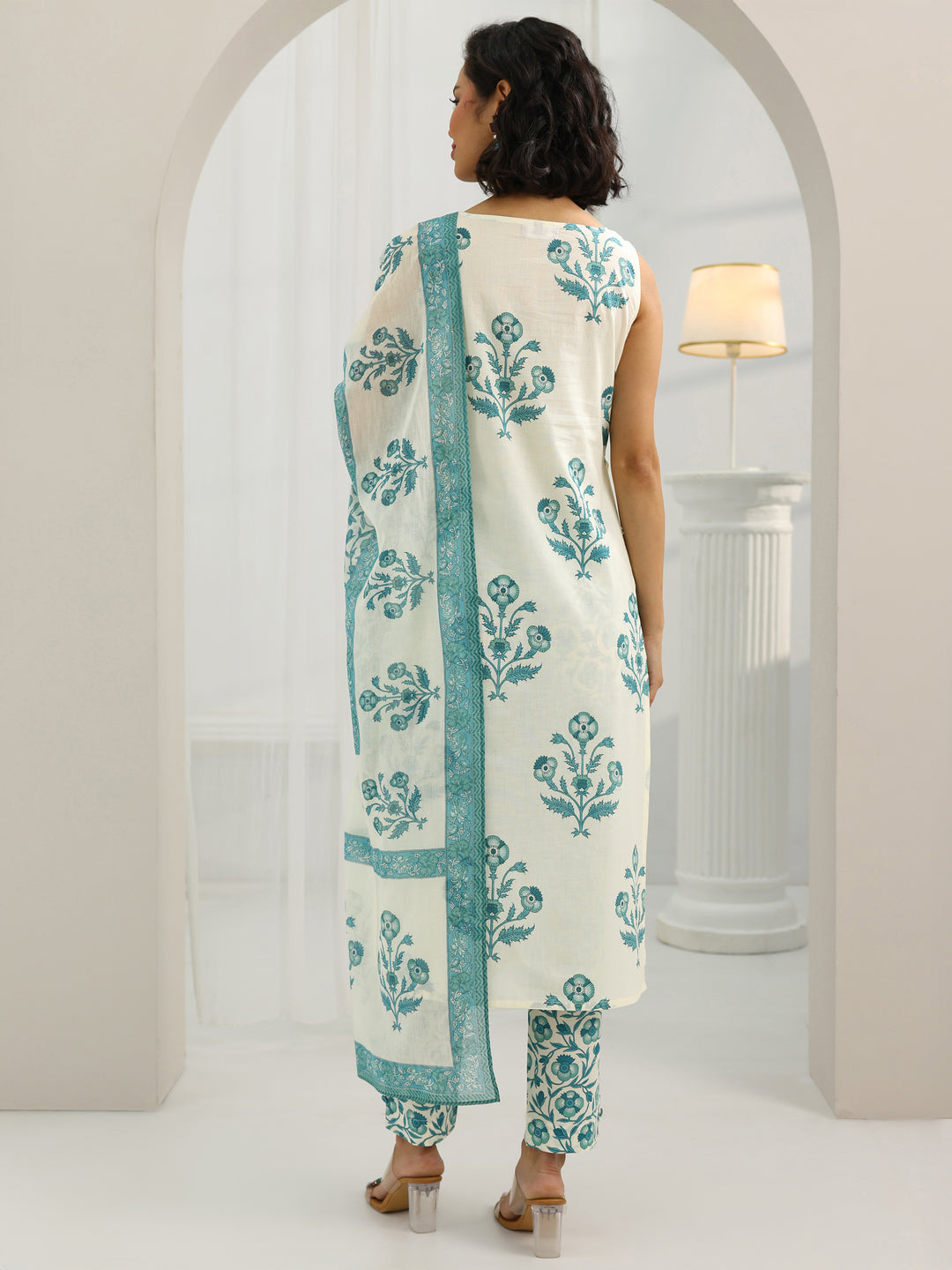  Off White Printed Cotton Straight Suit Set With Dupatta 