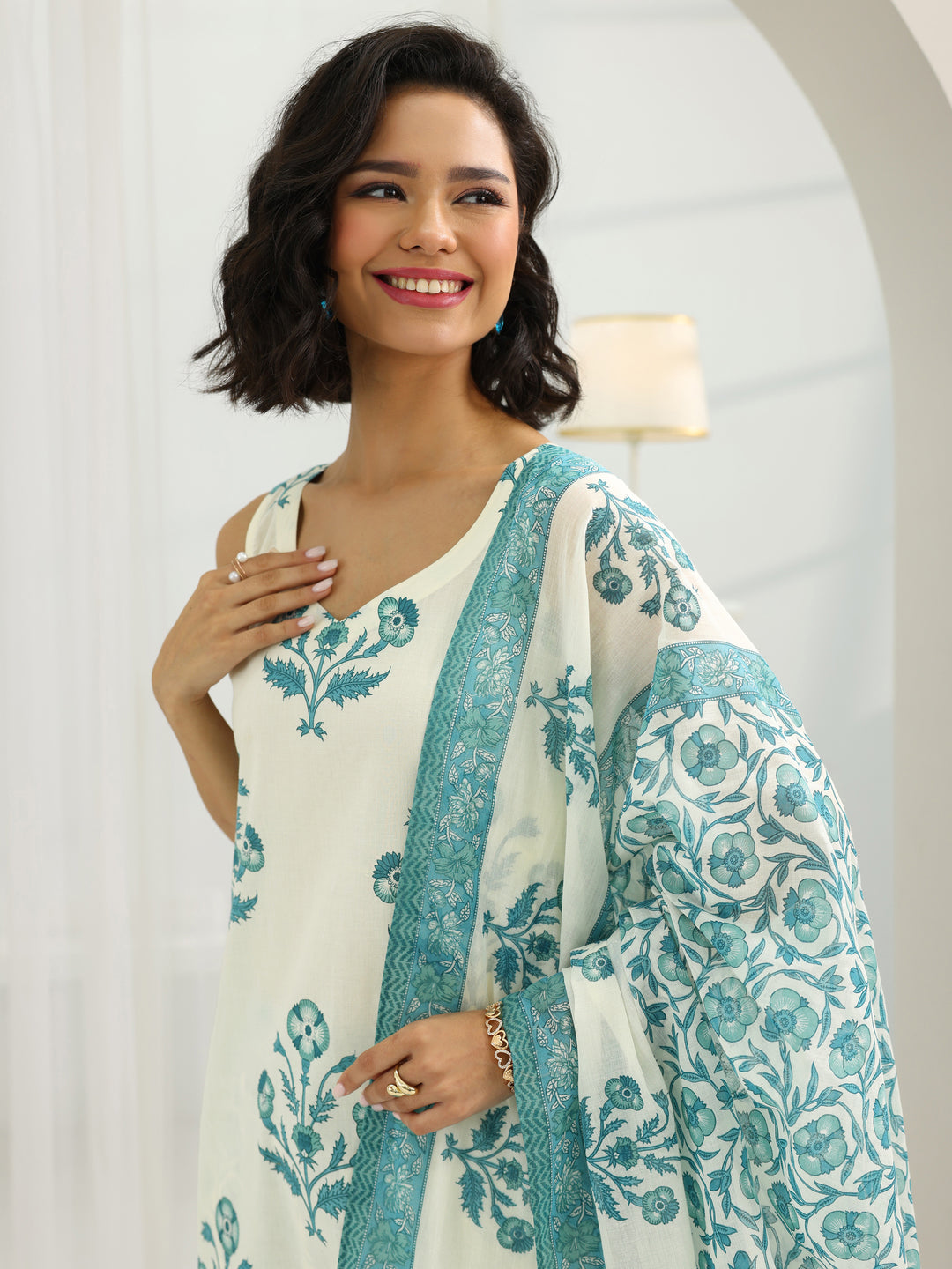  Off White Printed Cotton Straight Suit Set With Dupatta 