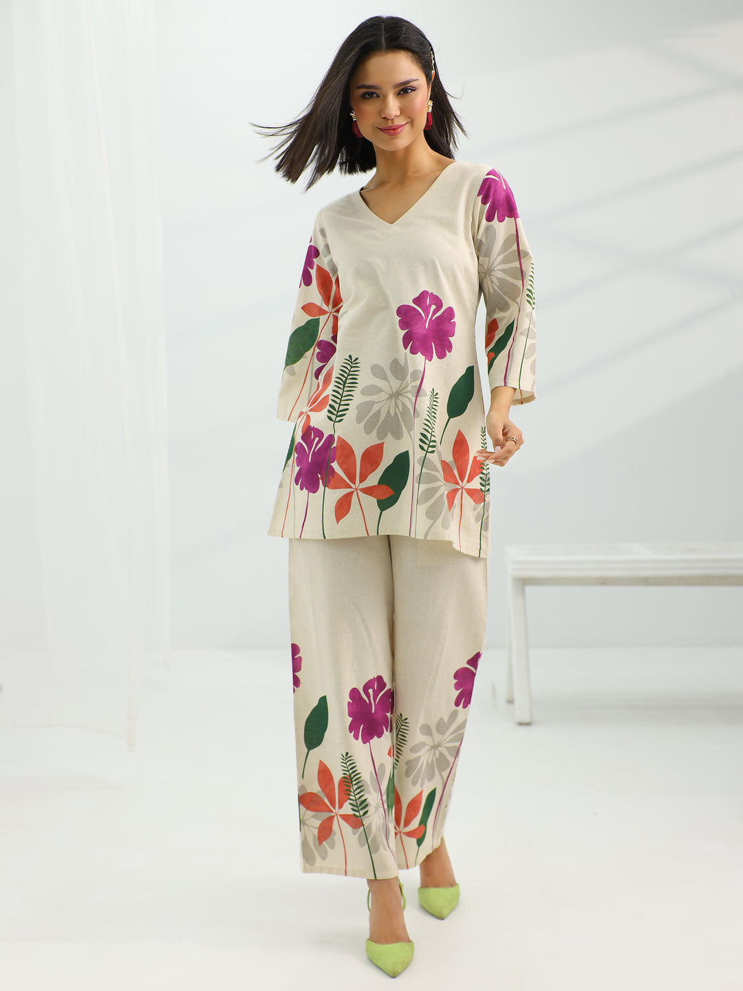 Off White Printed Cotton Co-Ord Sets