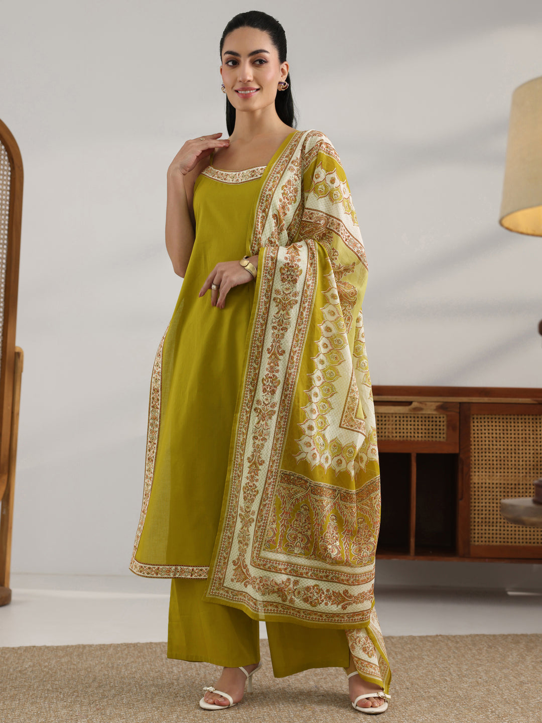  Green Printed Cotton Straight Suit Set With Dupatta 