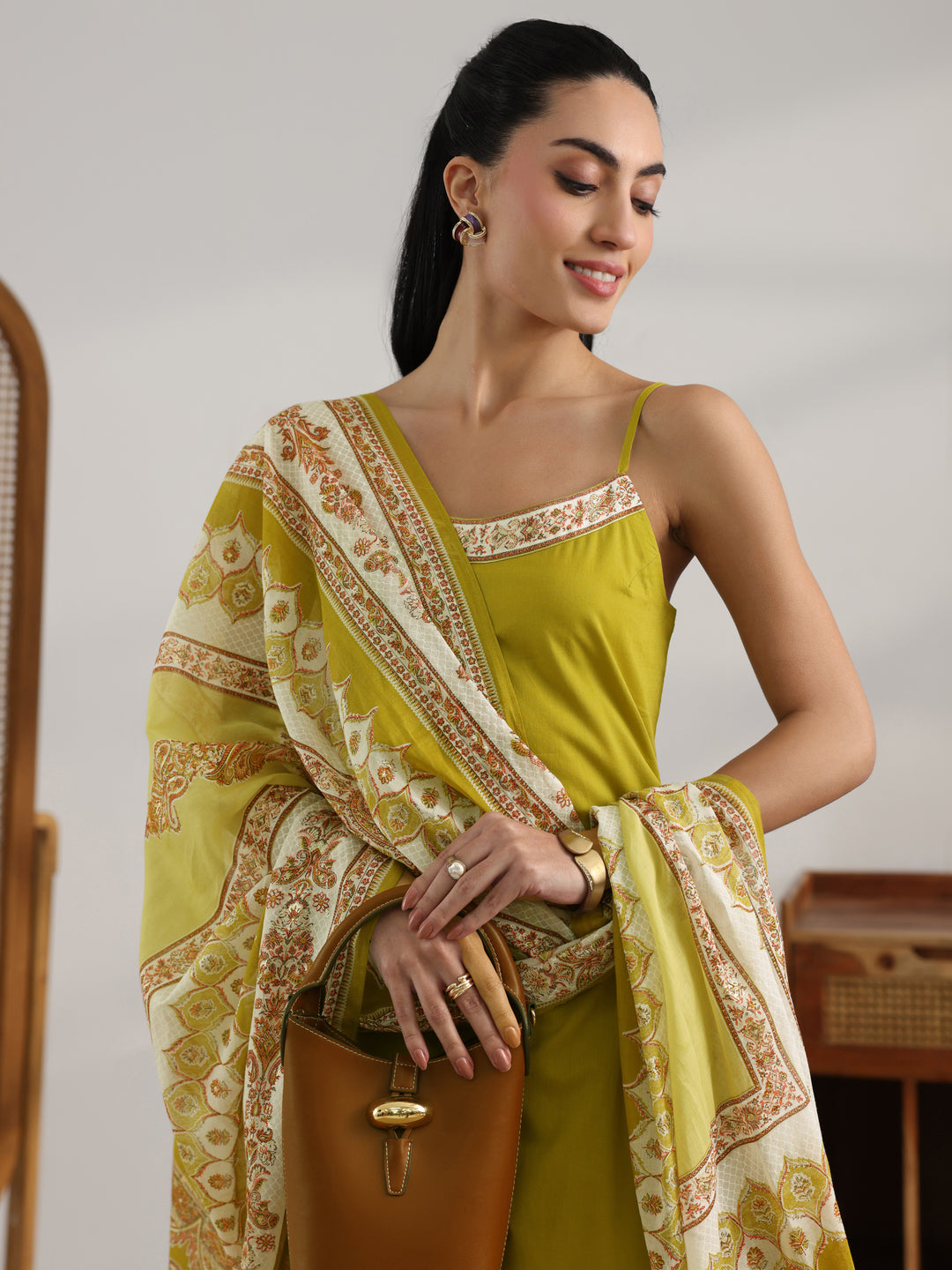 Green Printed Cotton Straight Suit Set With Dupatta