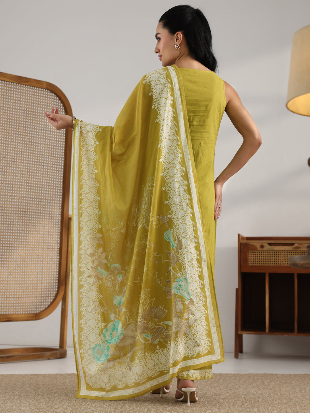  Green Printed Cotton Straight Suit Set With Dupatta 