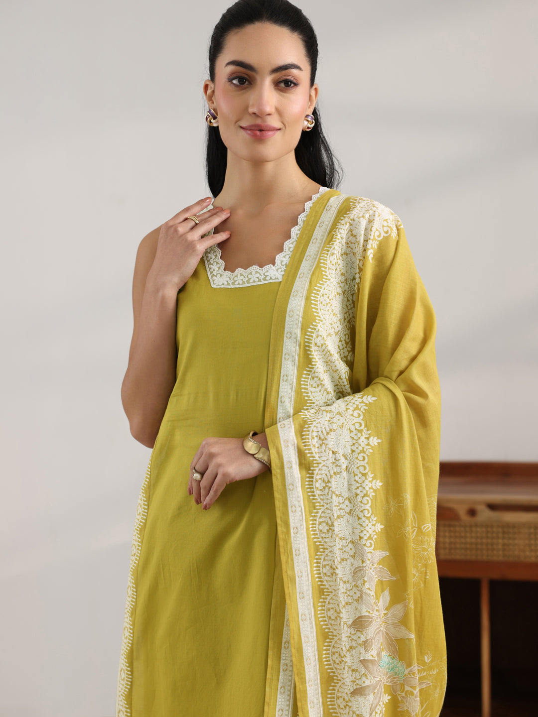  Green Printed Cotton Straight Suit Set With Dupatta 