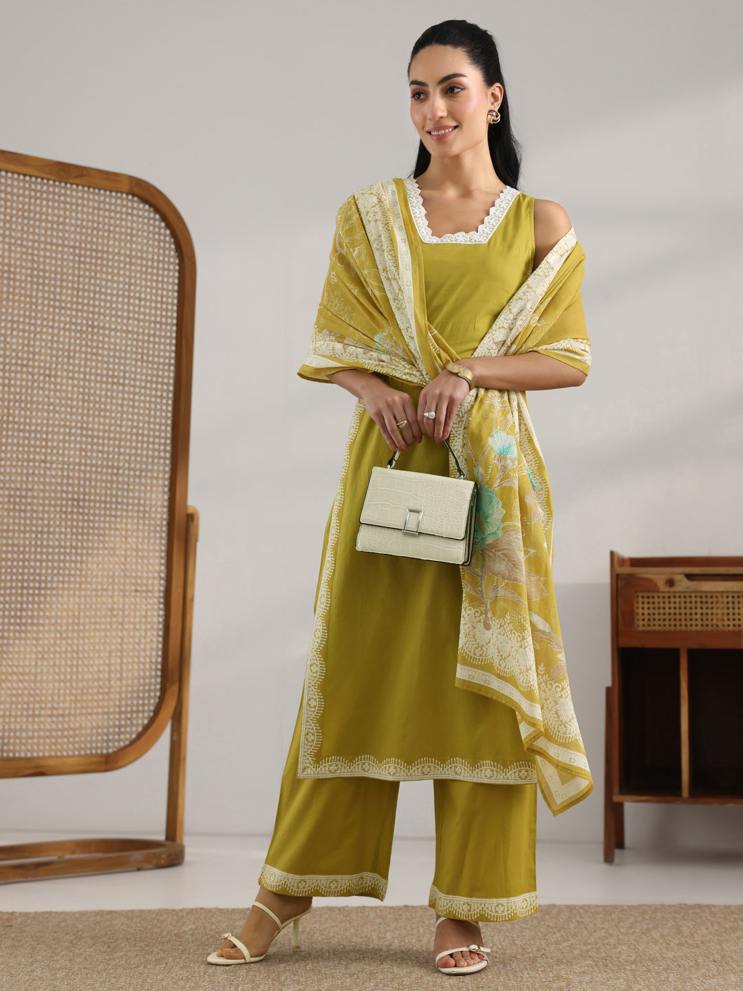 Green Printed Cotton Straight Suit Set With Dupatta