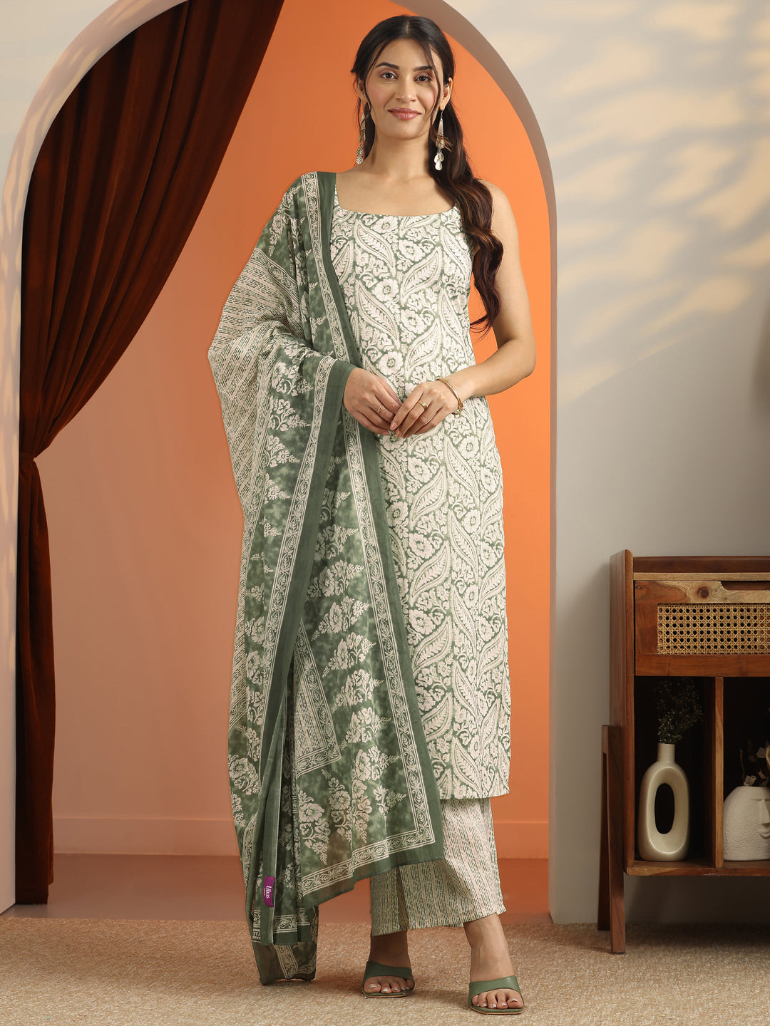  Green Printed Cotton Straight Suit Set With Dupatta 