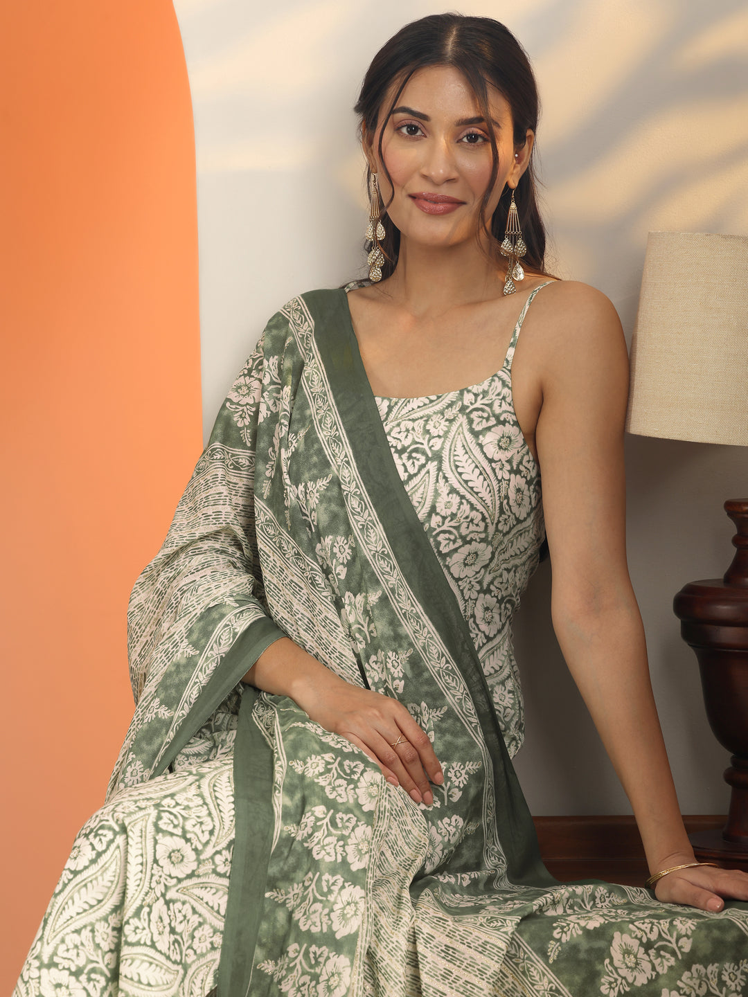  Green Printed Cotton Straight Suit Set With Dupatta 