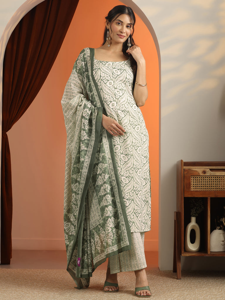 Gerua Green Printed Cotton Blend Straight Suit Set With Dupatta