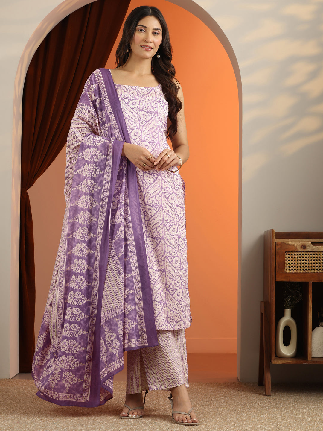  Purple Printed Cotton Straight Suit Set With Dupatta 