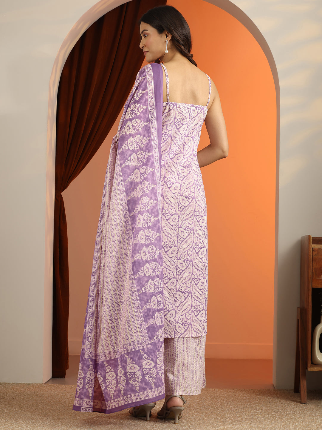  Purple Printed Cotton Straight Suit Set With Dupatta 