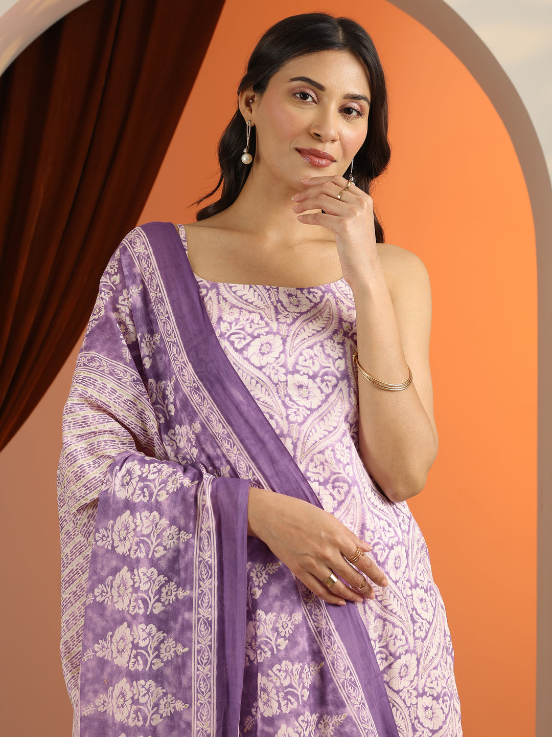  Purple Printed Cotton Straight Suit Set With Dupatta 