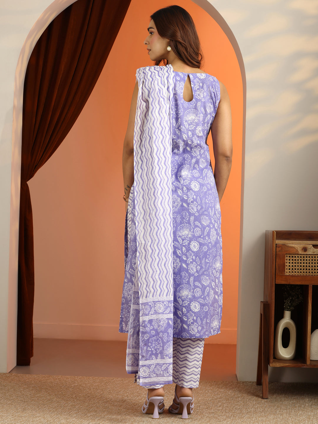  Purple Printed Cotton Straight Suit Set With Dupatta 