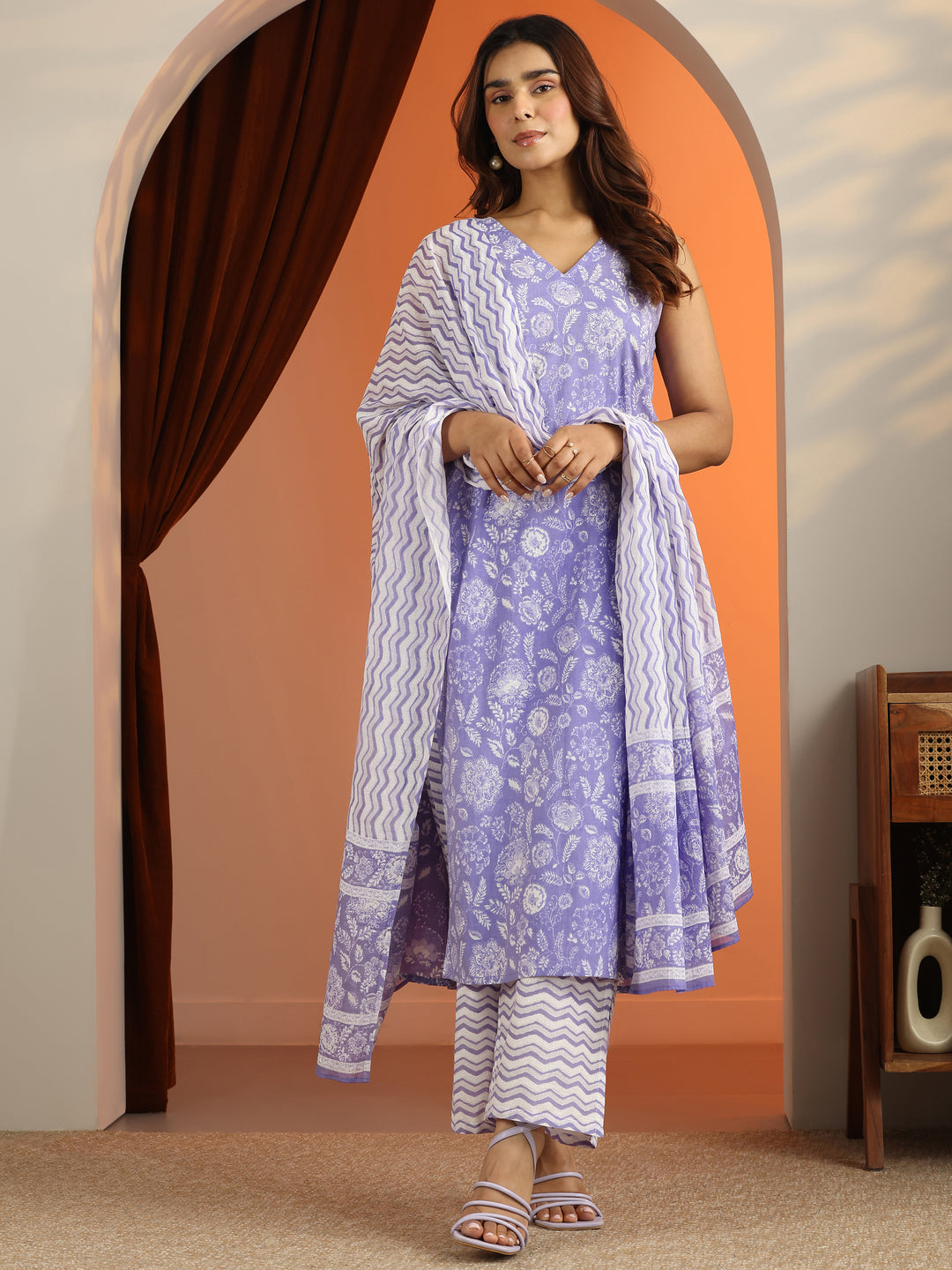  Purple Printed Cotton Straight Suit Set With Dupatta 