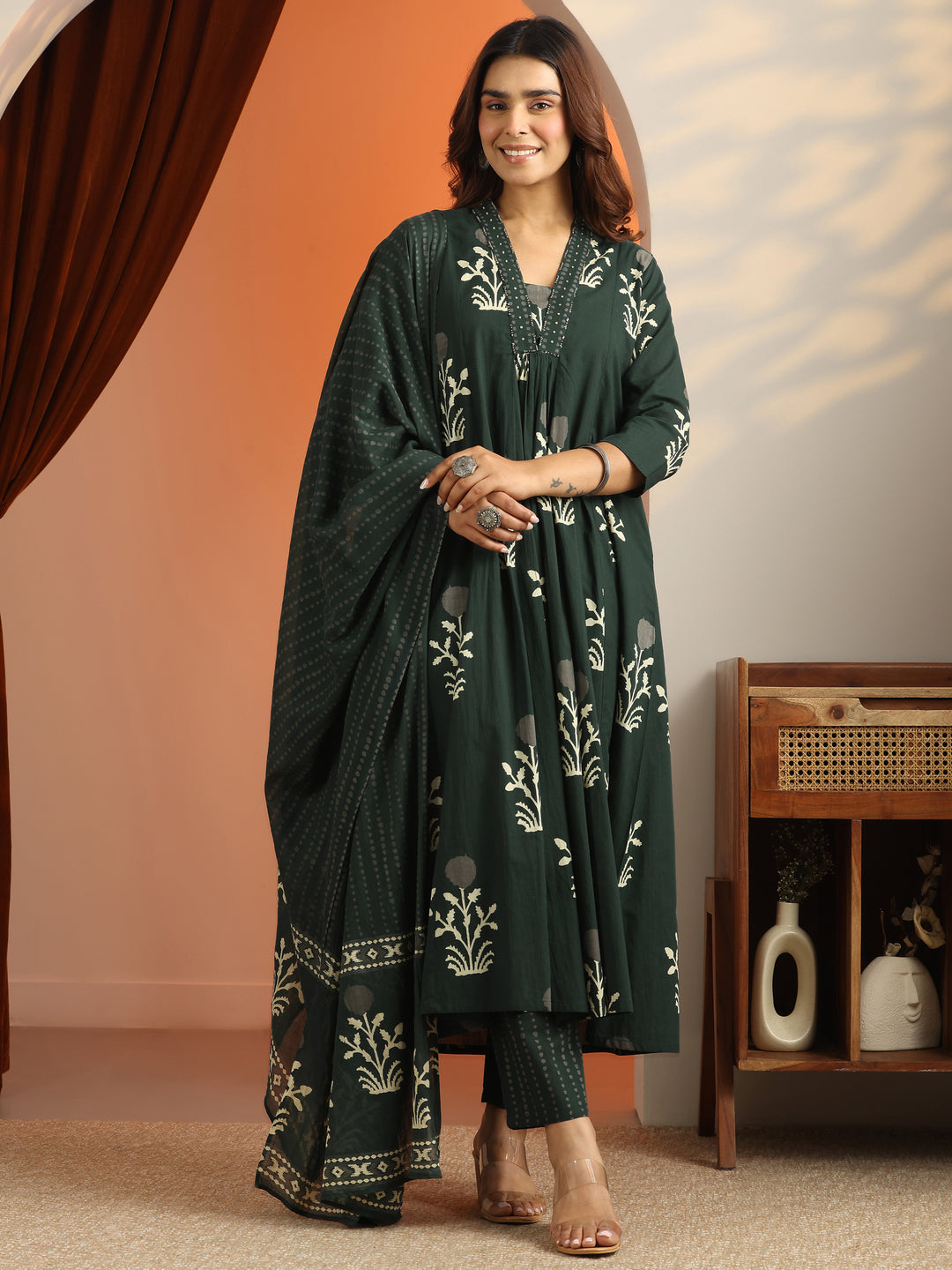  Green Printed Cotton A-Line Suit Set With Dupatta 