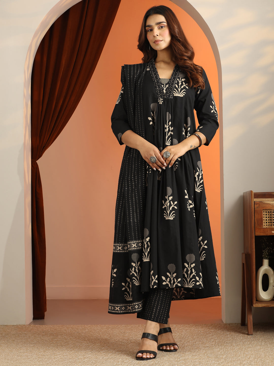  Black Printed Cotton A-Line Suit Set With Dupatta 