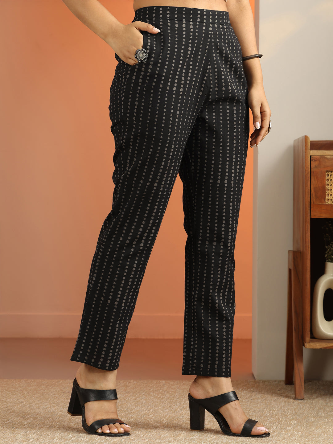  Black Printed Cotton A-Line Suit Set With Dupatta 