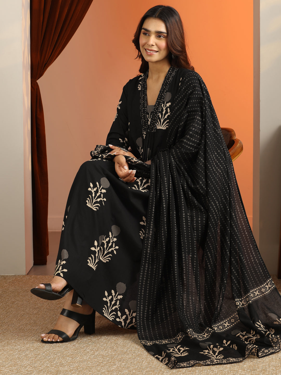  Black Printed Cotton A-Line Suit Set With Dupatta 