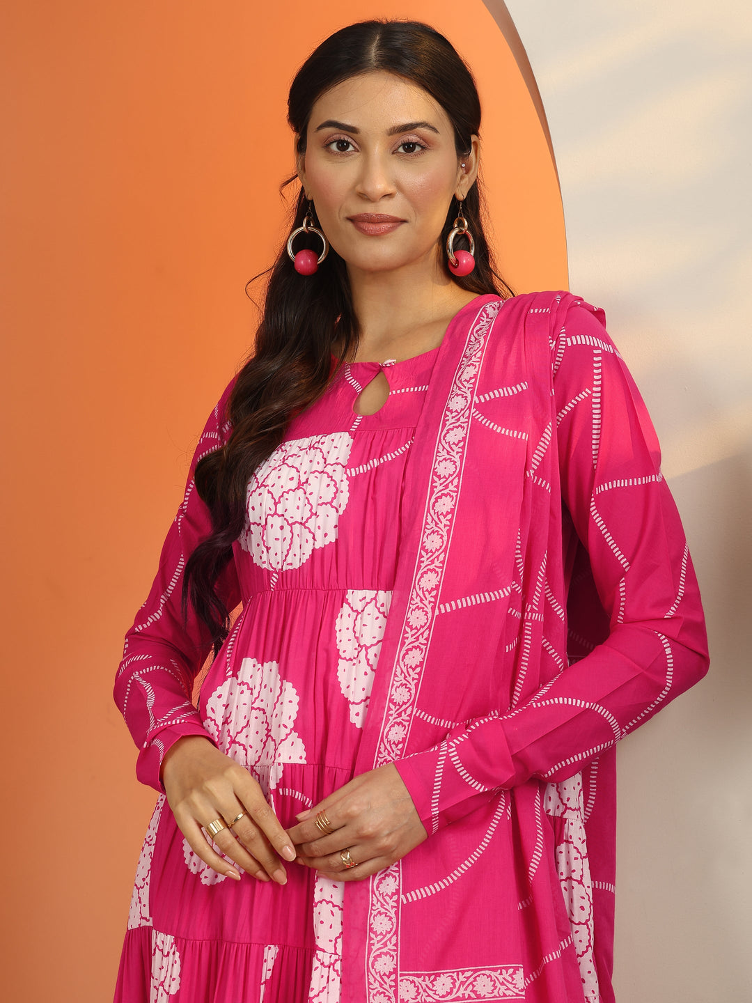  Pink Printed Cotton Anarkali Suit Set With Dupatta 
