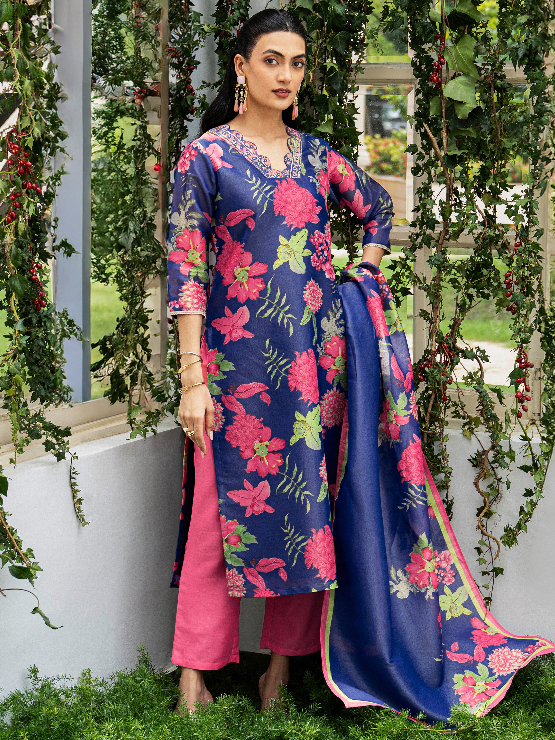 libas Blue Printed Silk Blend Straight Suit Set With Dupatta-picture-65