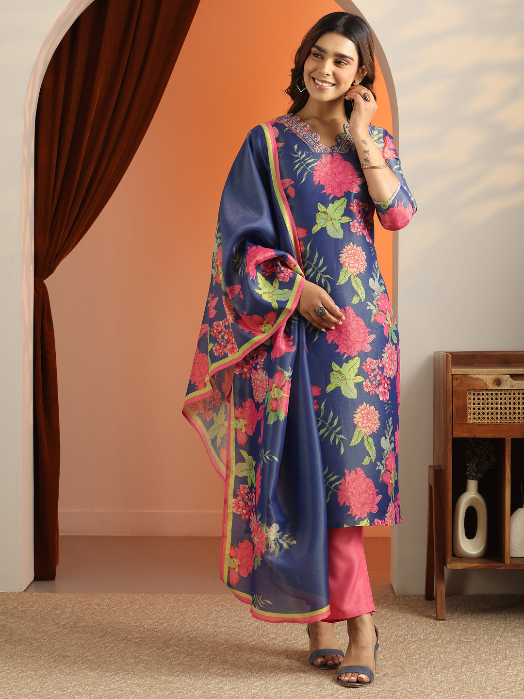  Blue Printed Silk Blend Straight Suit Set With Dupatta 