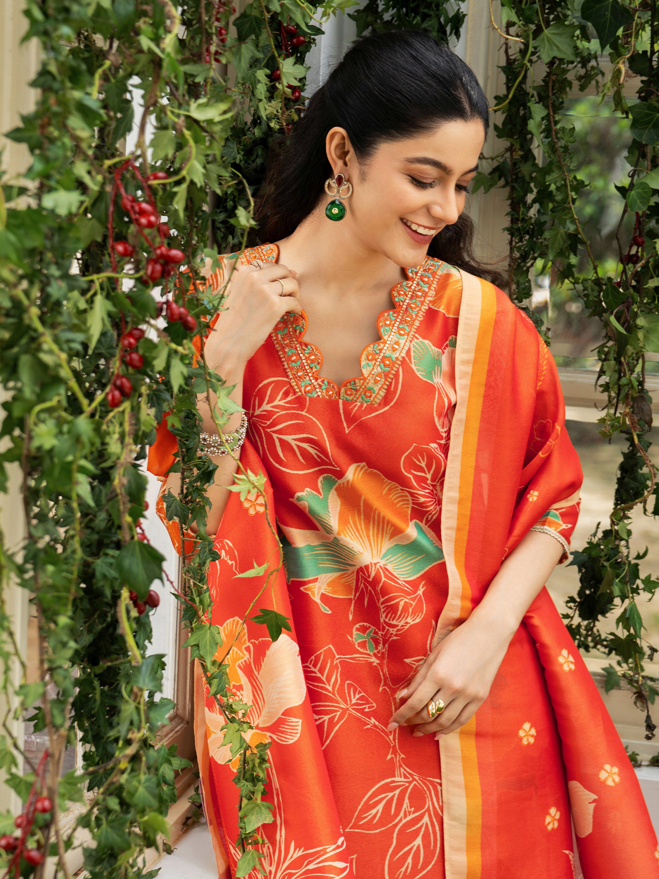 libas Orange Printed Silk Blend Straight Suit Set With Dupatta-picture-32