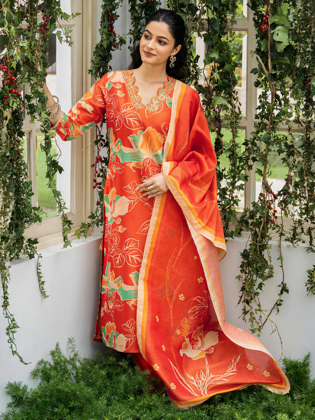  Orange Printed Silk Blend Straight Suit Set With Dupatta 