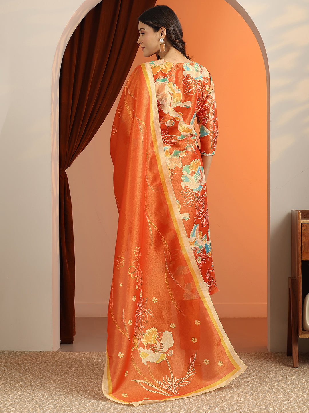  Libas Orange Printed Silk Blend Straight Suit Set With Dupatta 