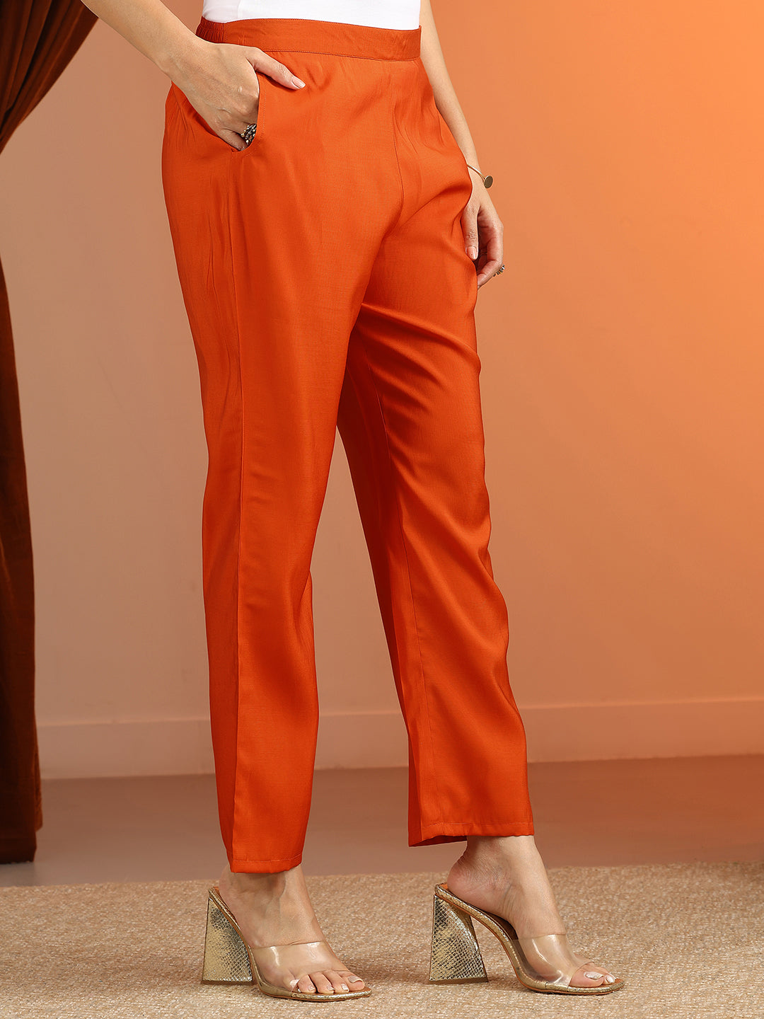  Libas Orange Printed Silk Blend Straight Suit Set With Dupatta 