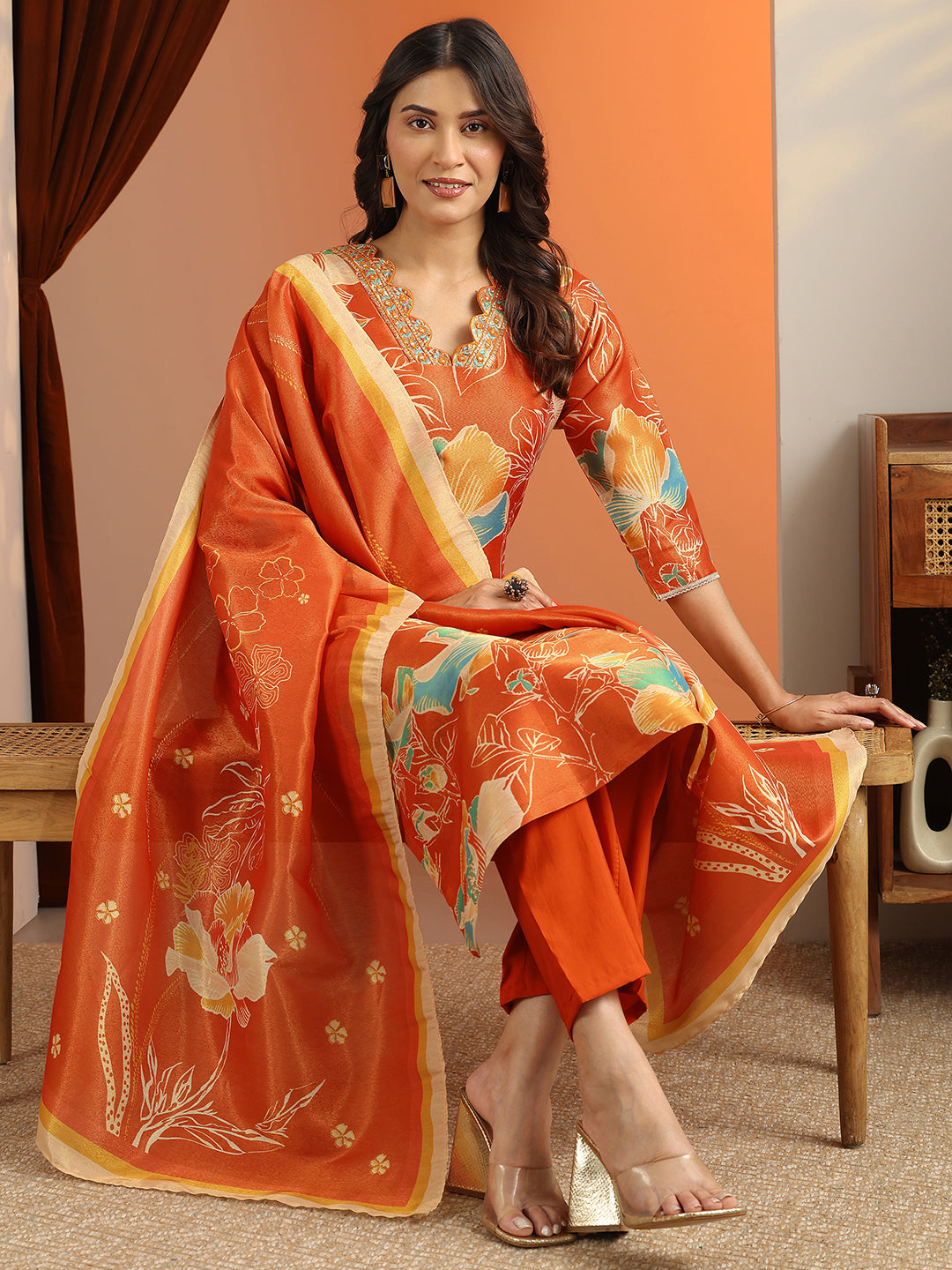  Libas Orange Printed Silk Blend Straight Suit Set With Dupatta 