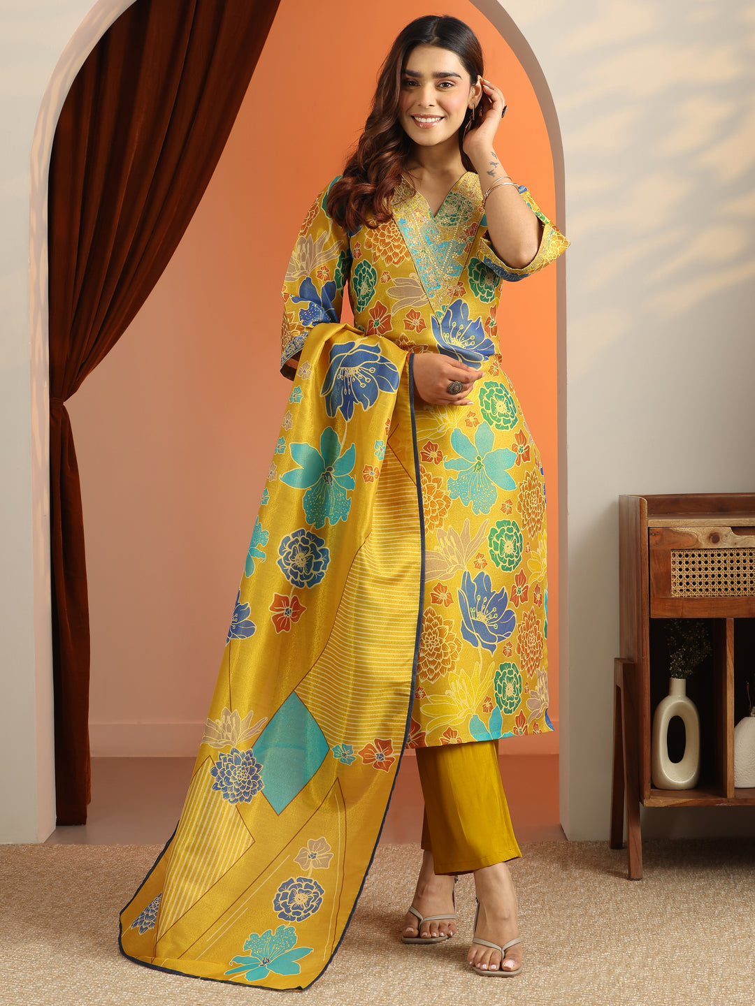  Mustard Printed Silk Blend Straight Suit Set With Dupatta 