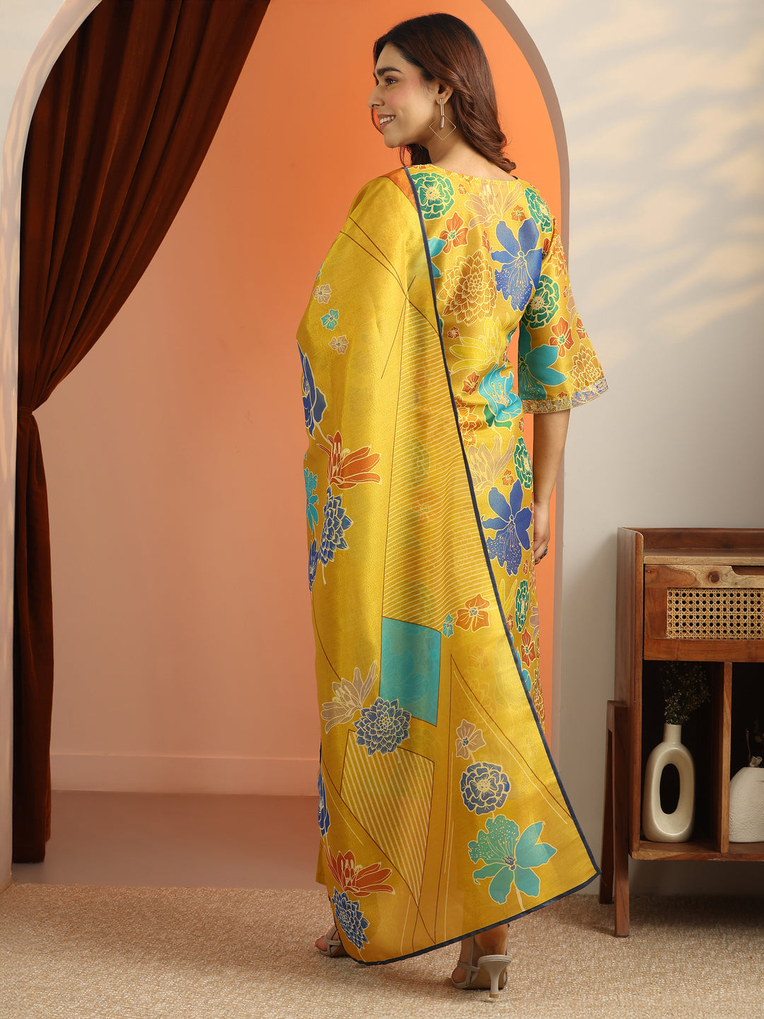  Mustard Printed Silk Blend Straight Suit Set With Dupatta 