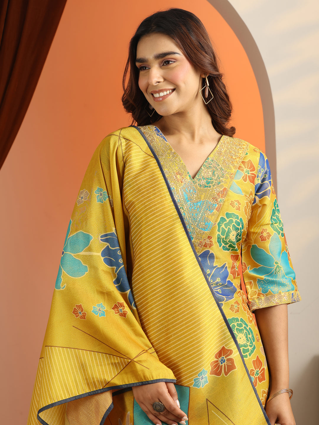  Mustard Printed Silk Blend Straight Suit Set With Dupatta 