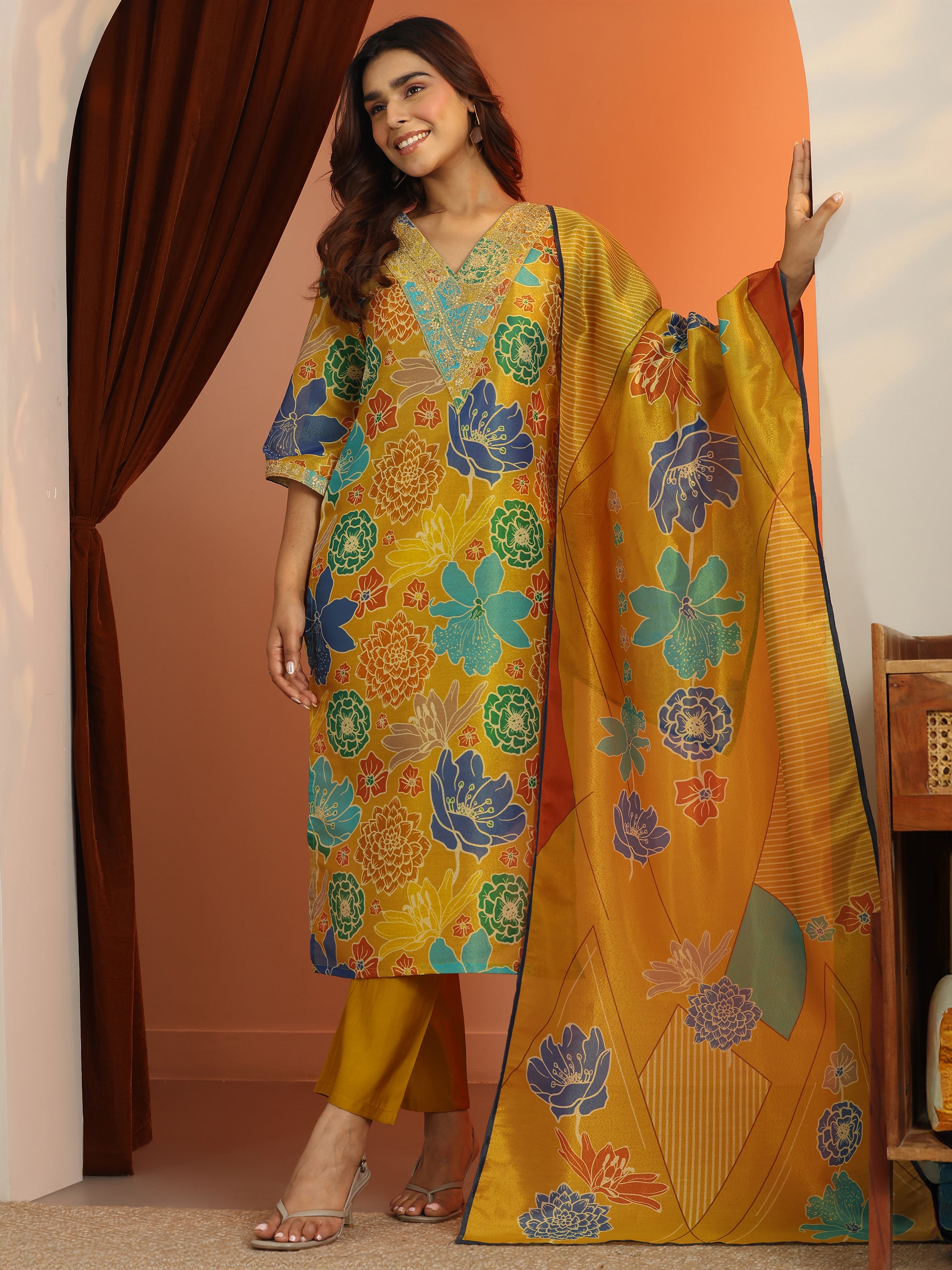 libas Mustard Printed Silk Blend Straight Suit Set With Dupatta-picture-17