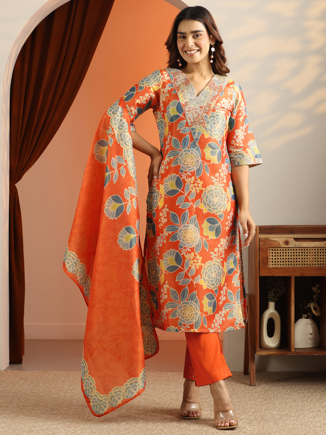  Orange Printed Silk Blend Straight Suit Set With Dupatta 