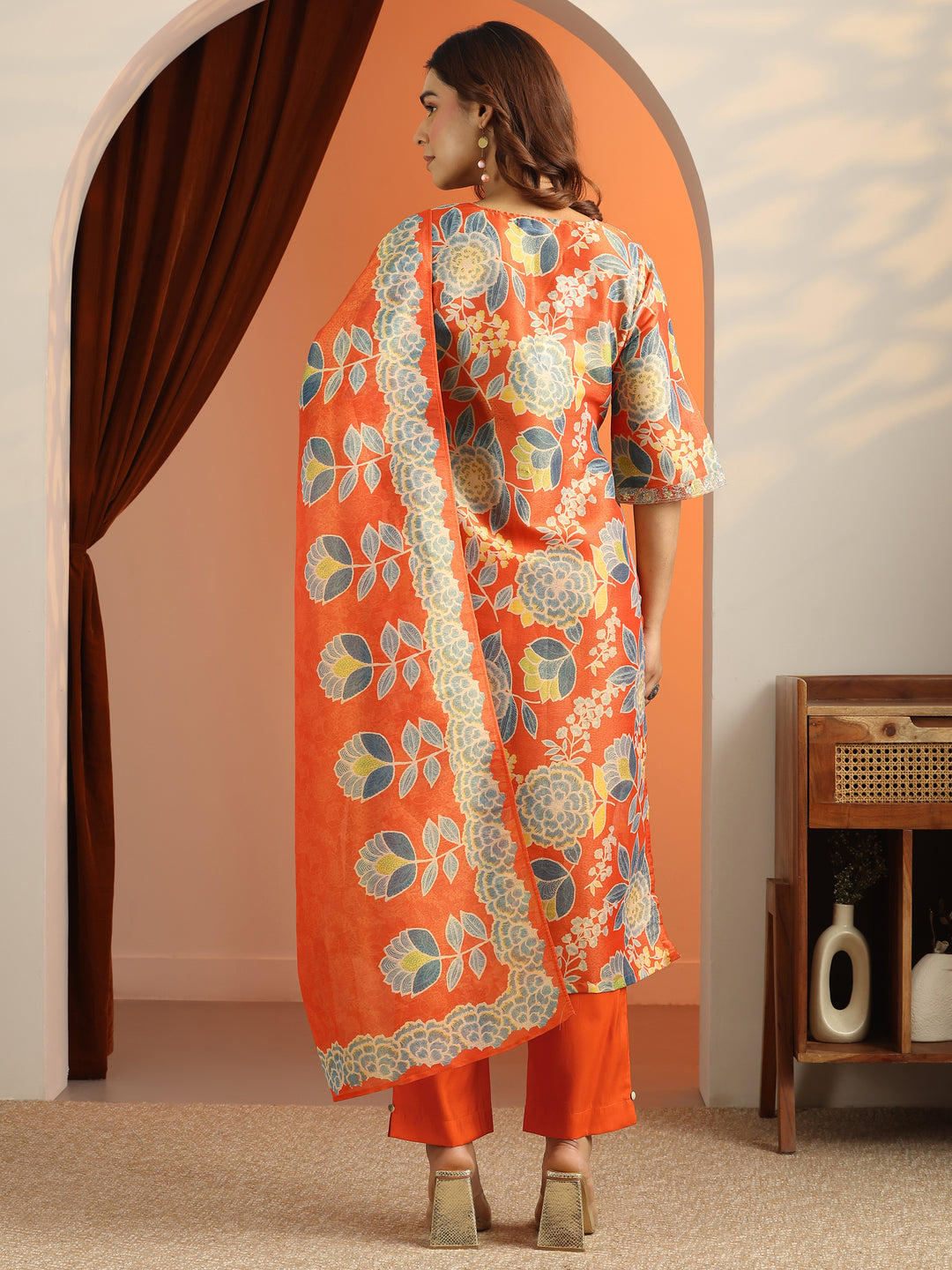  Orange Printed Silk Blend Straight Suit Set With Dupatta 