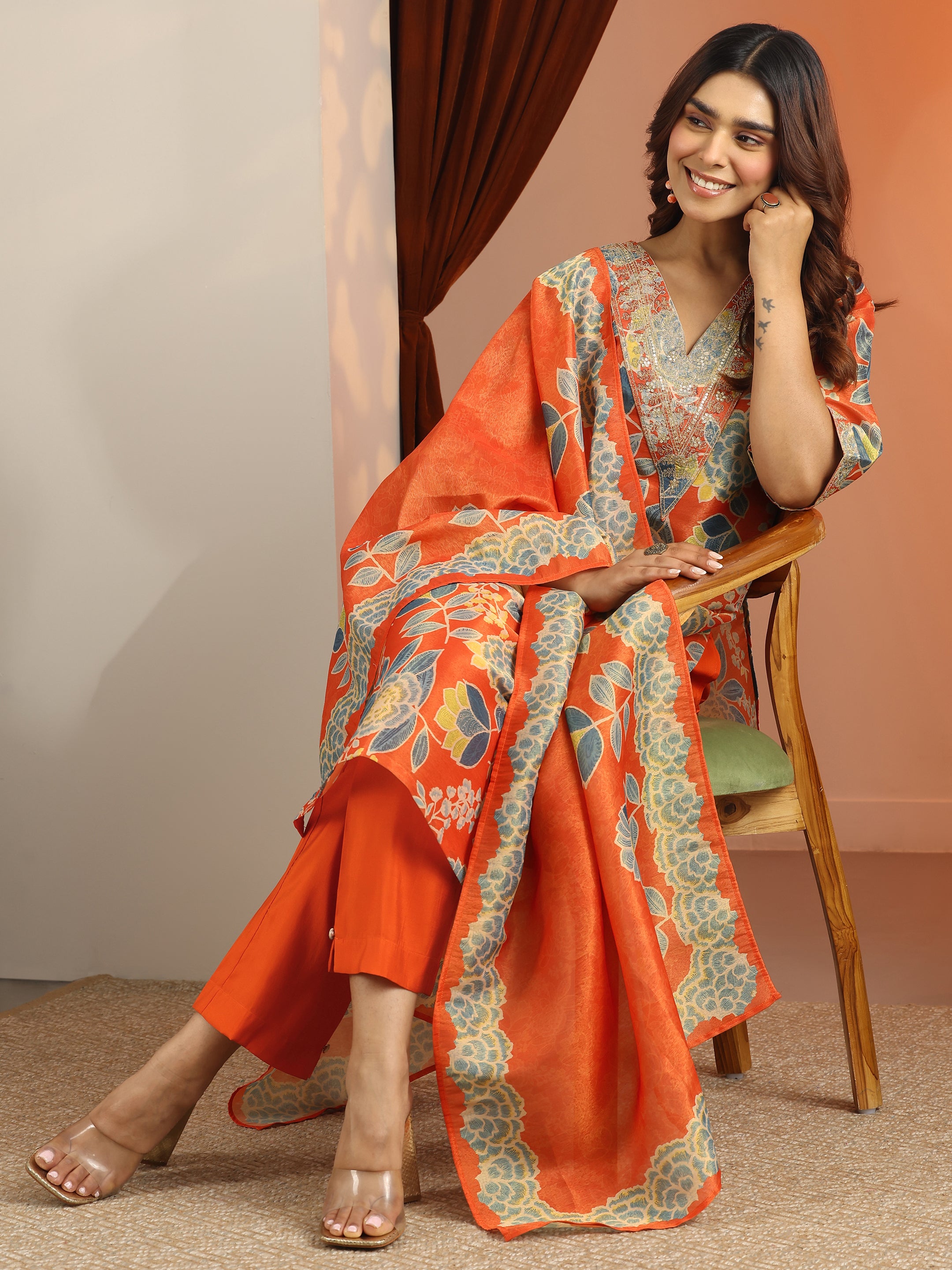 libas Orange Printed Silk Blend Straight Suit Set With Dupatta-picture-66